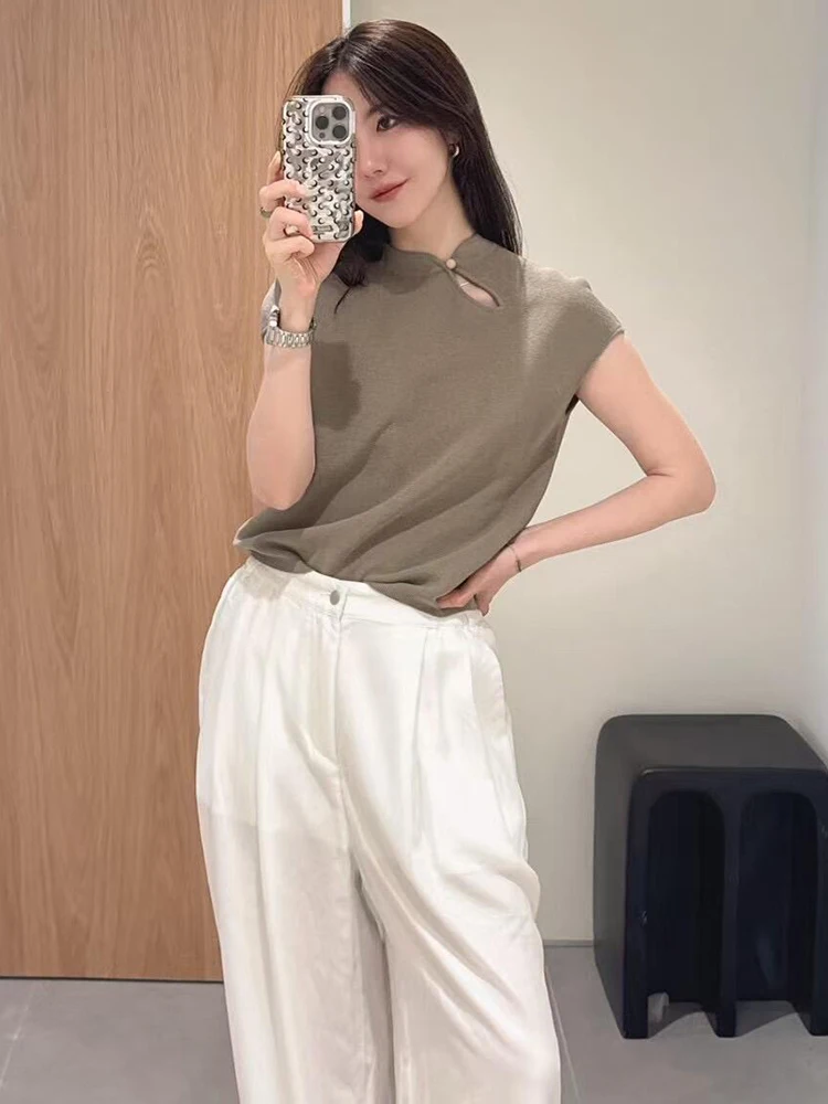 

New Chinese Sle Hollow out Knitted Top Summer Commute Simple Design round Ne ort Sve Women's T-irt