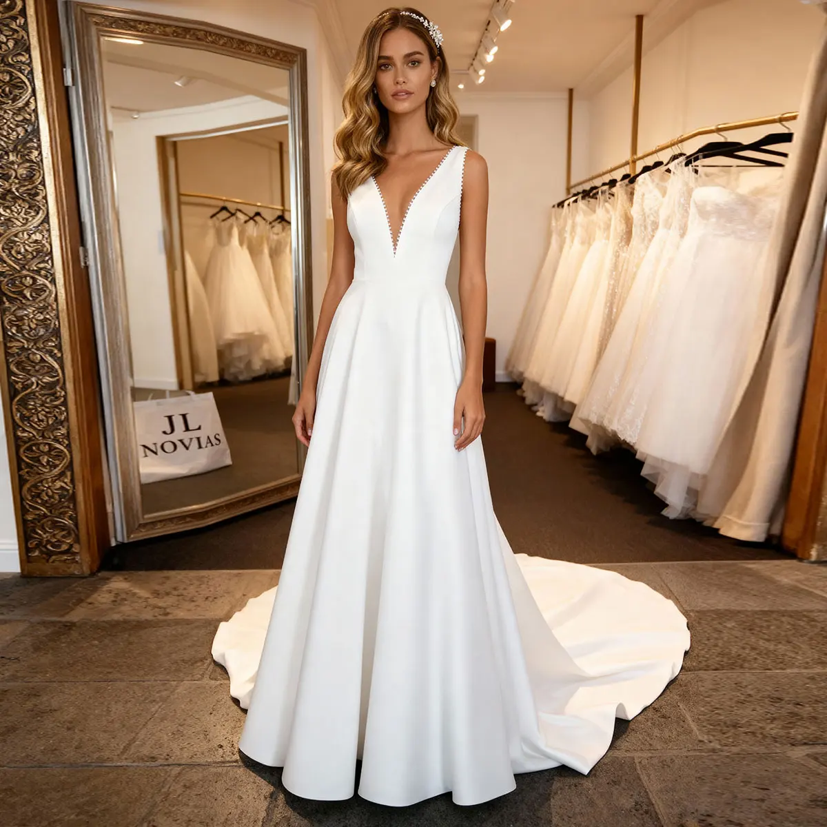 

Vestidos Novia V Neck Pearl Wedding Dresses For Bride Satin Long Ball Gown With Bow Backless Long Bridal Party Gown Romantic