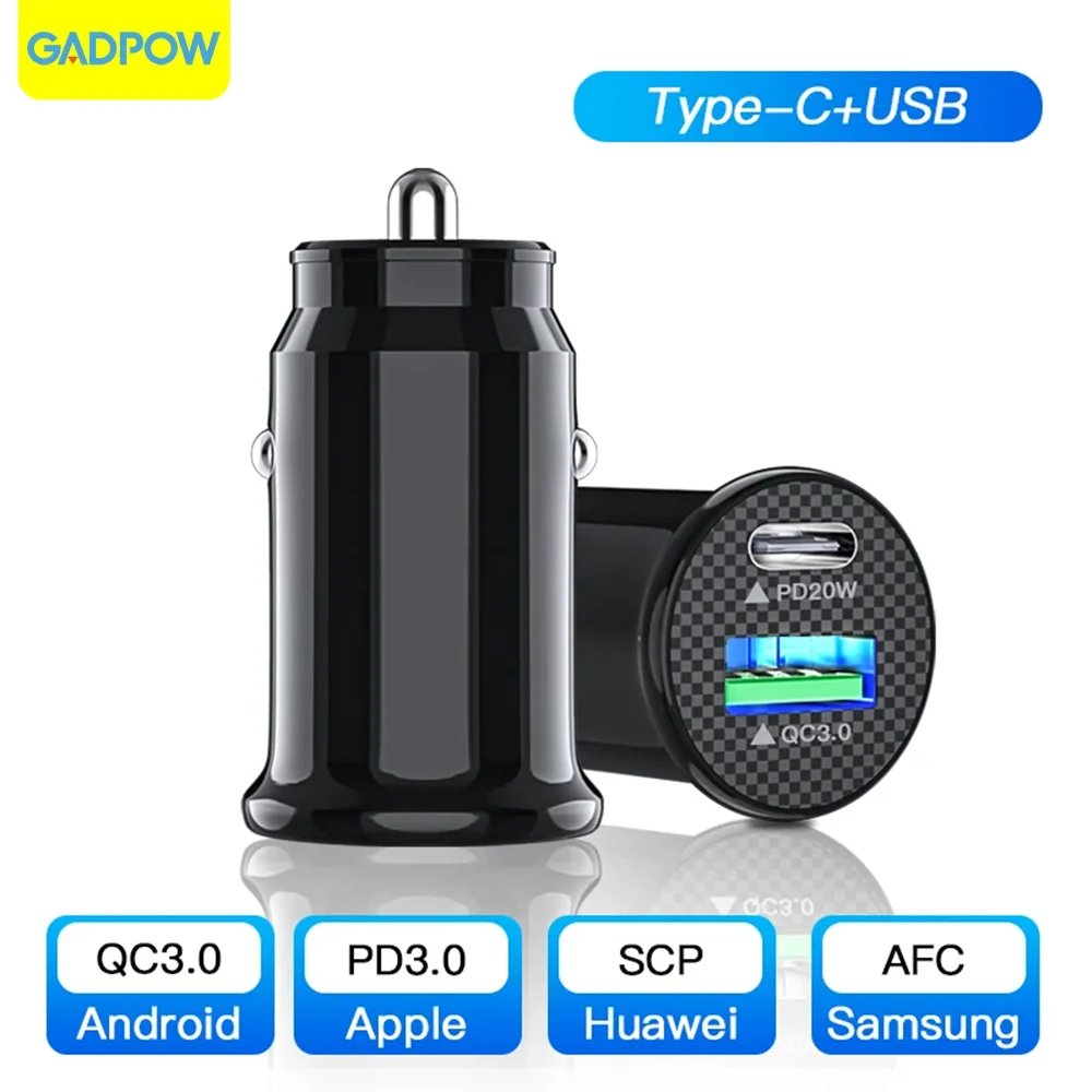 Gadpow Mini Lighter PD 20W Type-C + USB Car Charger Dual Ports QC3.0 Fast Charging Socket With LED Light Cigarette Lighter