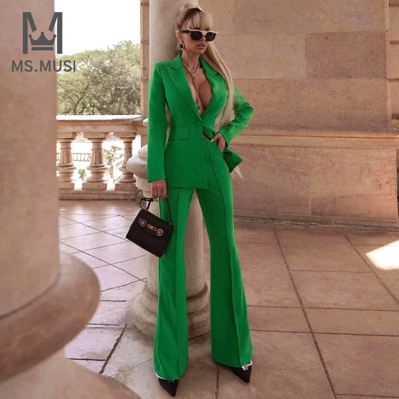 

MSMUSI 2023 New Fashion Women Sexy Solid Two Piece Set Bodycon Turn Down Collar Long Sleeve Blazer Top Flared Long Pant Set Suit