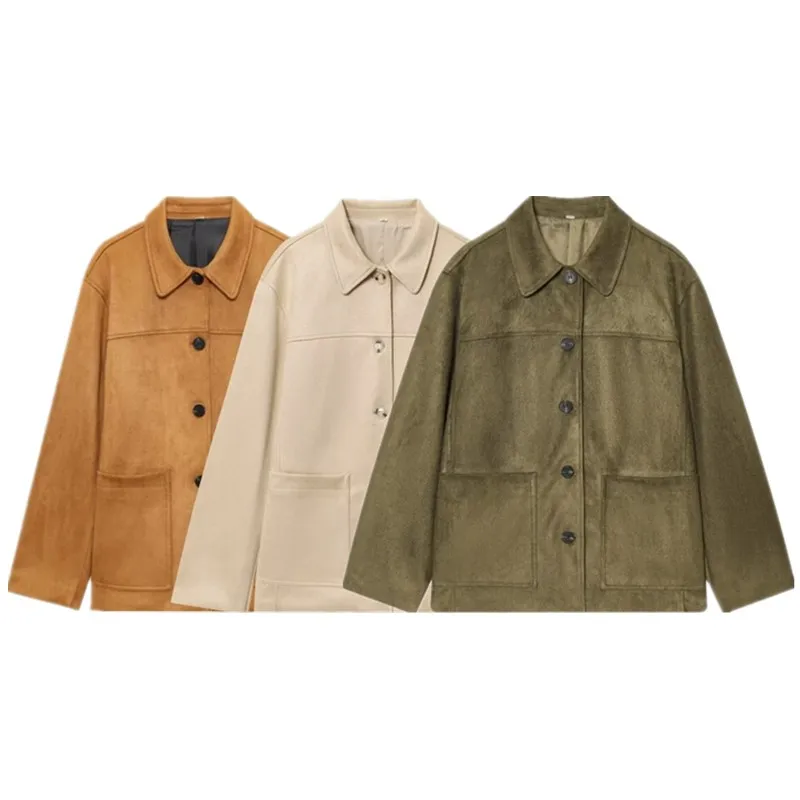 Neue 2025, Herbst-Pendler-Sle-Damen-Faion-Oberbekleidung, langer Sve-Kragen, Stehkragen, vielseitiger Mantel aus Wildlederimitat