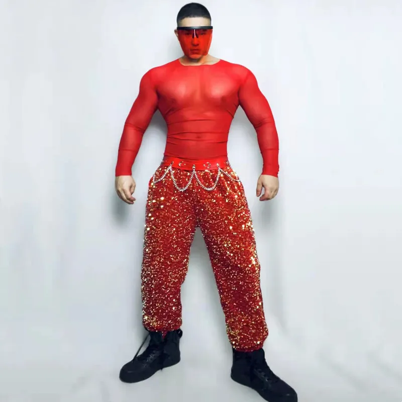 Bar Nightclub Male Gogo Performance Clothes Sexy Stage Wear DJ Dancer Team Party Show Rave Outfits Red Sequin Pants Mesh Tops Se