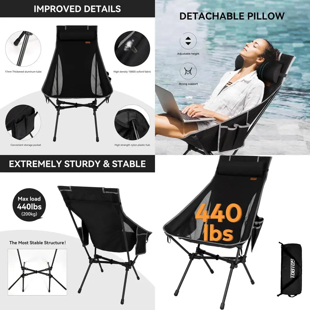 

Ultralight High-Back Camping Chair, 440 lbs Capacity, Compact and Portable for Outdoor Adventures (Black)