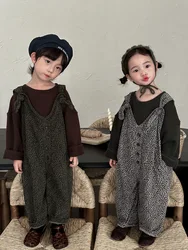 Strap Pants Children Clothing Autumn Season New Corduroy Leopard Print Boys Girls Forest Style Retro Jumpsuit Casual Button