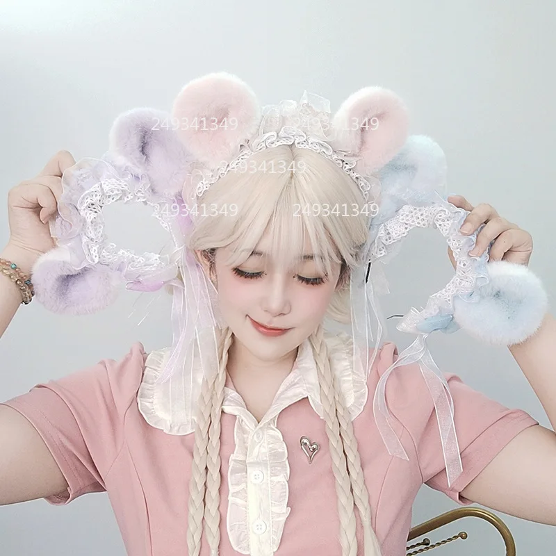 Hamster Ears Cosplay Headwear Sweet Girl Plush Bowknot Tail Lolita Ruffled Lace Dress Up Set Comic-con Stage Costume Accessories