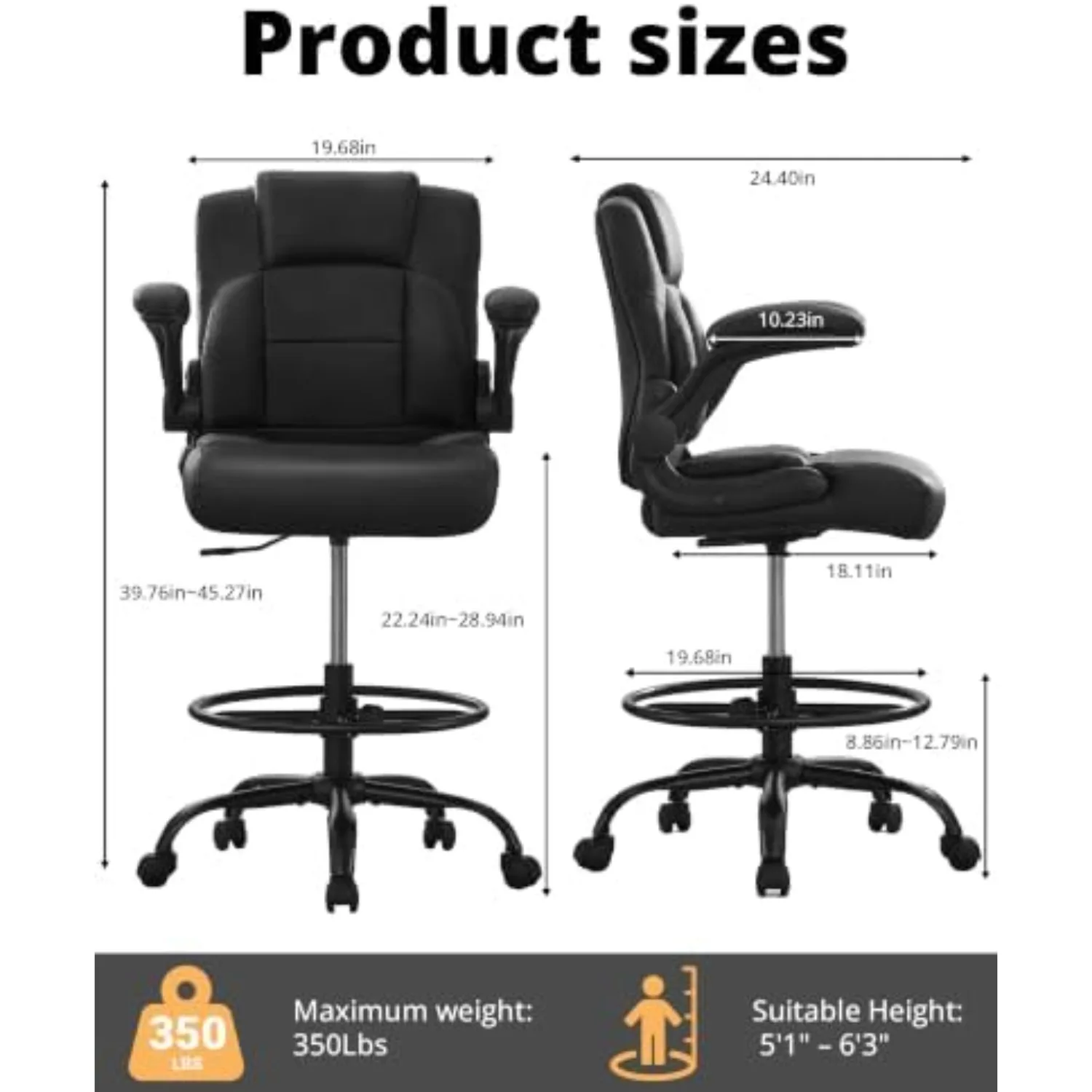 Drafting Chair with Flip-Up Arms, Tall Office Chair for Standing Desk | 500 Lbs, Ergonomic Leather High Desk Chair for