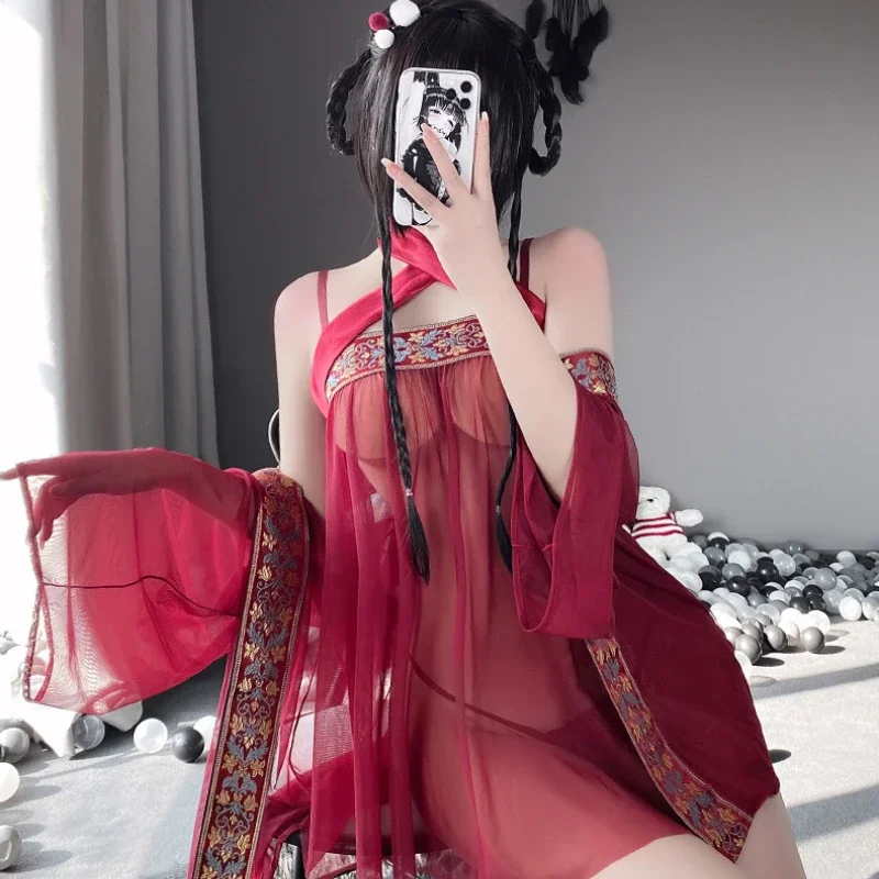 Retro Hanfu Sexy Pajamas Strapless Gauze Lingerie dress Nightdress Sleepwear Women Cute Chinese Costumes Temptation Erotic Dress