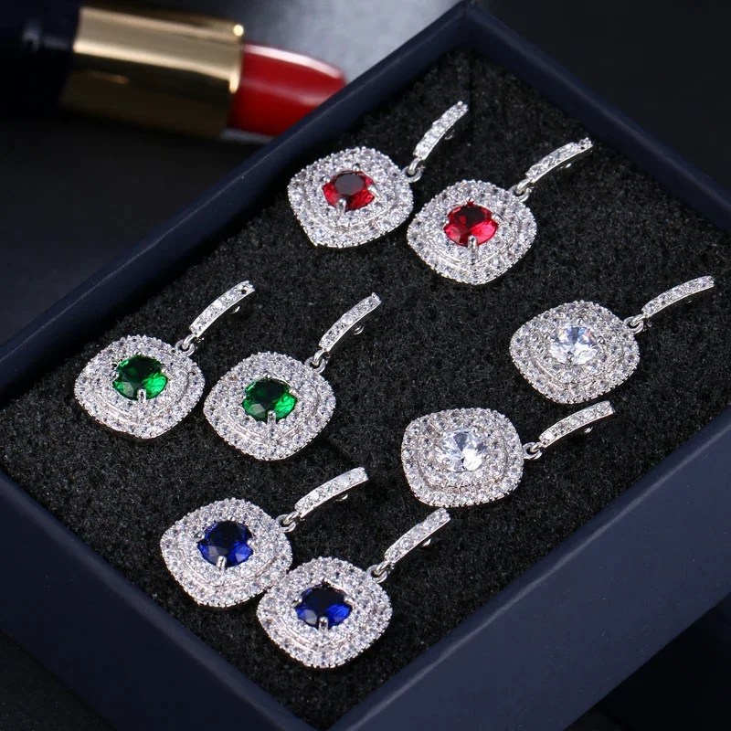 Hình Vuông Cổ Điển Zirconia Hình Giọt Nước Hoa Tai Nhỏ CZ Đá Vàng Vàng Màu Earings Cho Nữ DỰ TIỆC CƯỚI Trang Sức