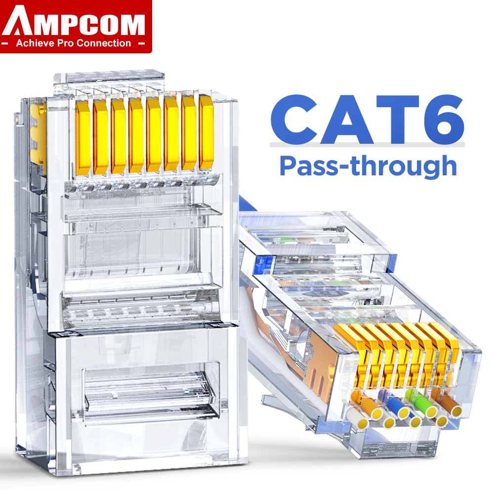 AMPCOM CAT6 CAT5E Przejście przez wtyczkę modułową RJ45 Złącza sieciowe UTP 3/50μ Pozłacana końcówka zaciskowa 8P8C do kabla Ethernet