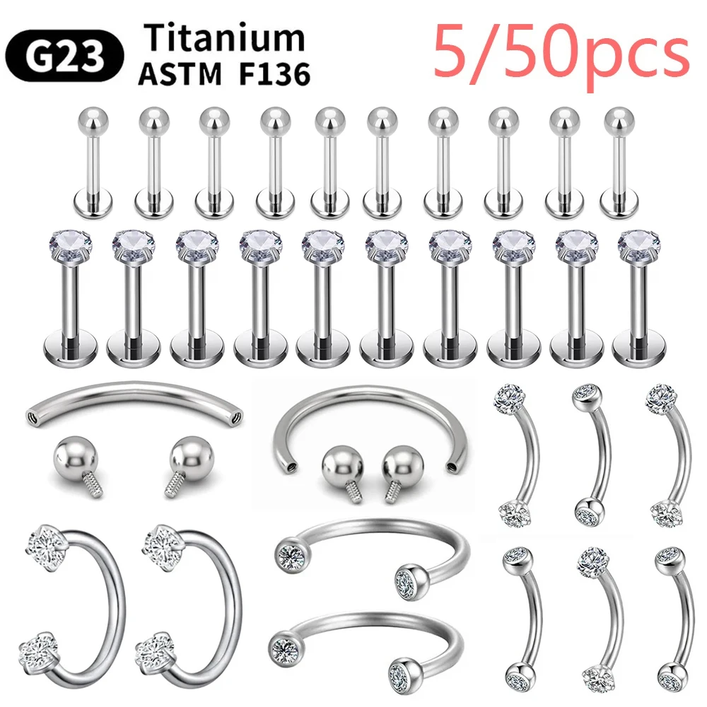 Wholesale 5/50PCS G23 Titanium Eyebrow Piercing Nose Ring Septum Helix Cartilage Piercing C rod Body Jewelry For Women