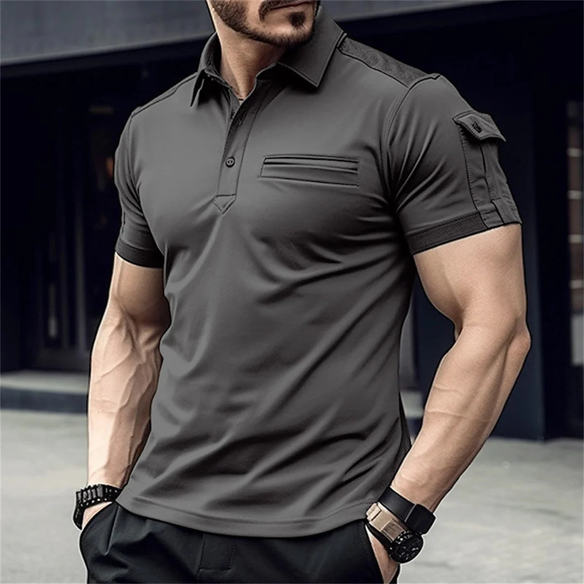 

Men's New summer Short Sleeve Fashion Pocket Lapel Solid Color Comfortable Slim-Fit Top Men's POLO Shirt