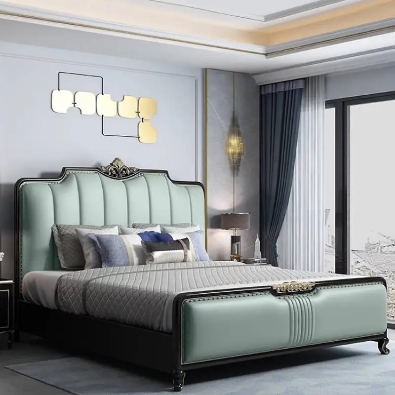 

European Green Double Bed Couples Large Storage Wooden Floating Double Bed Size Style Metal Cama Matrimonial Furniture For Home