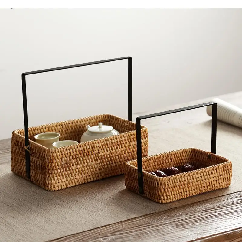 

Rattan Wrought Iron Handbag Refreshment Fruit Plate Bread Snack Storage Basket Household Living Room Decoration Accessories