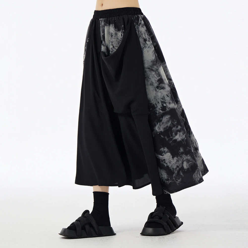 Retro Chinese Style Tie-Dye Splicing Mesh Waist Skirt 2024 Autumn New Fashionable Slim Temperament Versatile A-Line Skirt Unisex