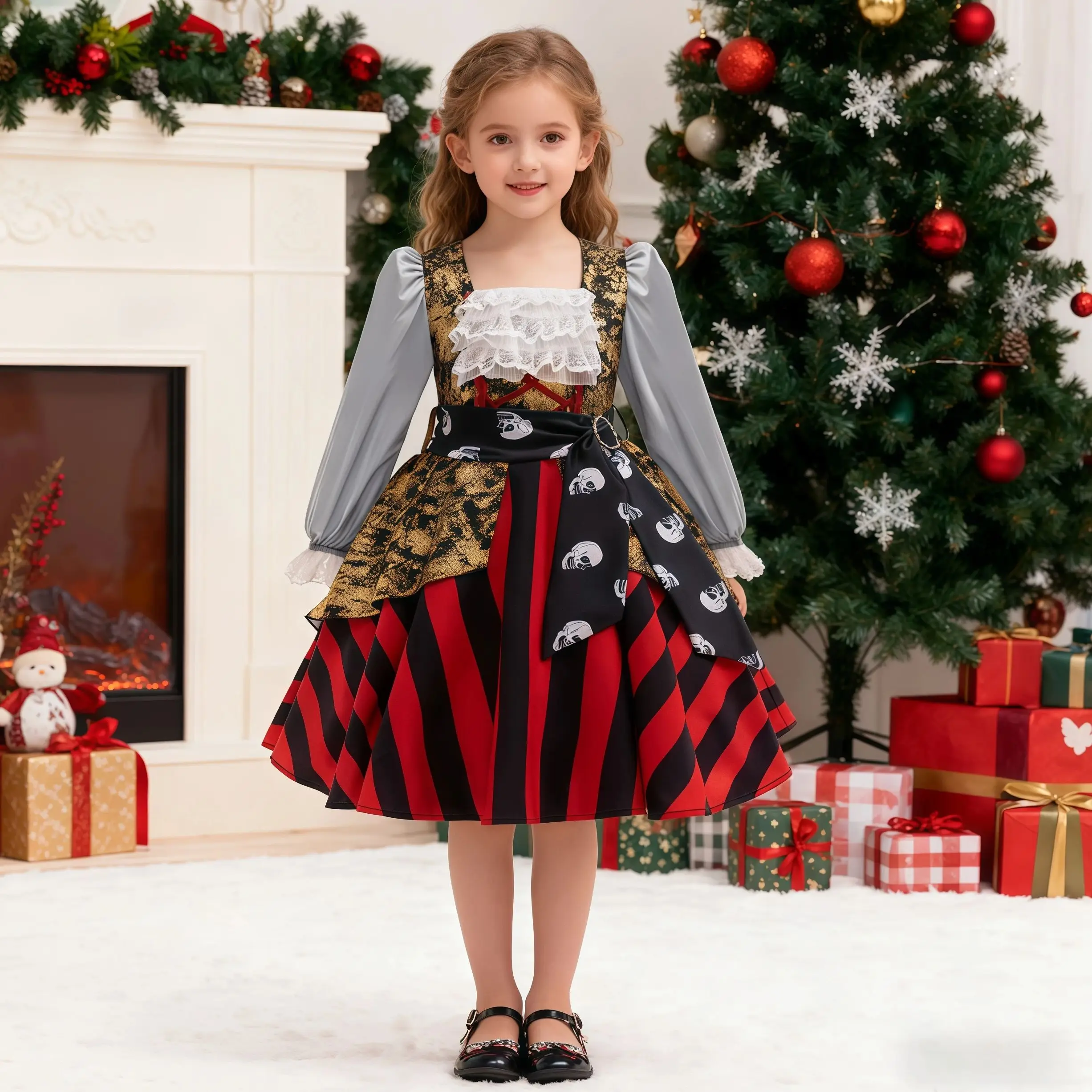 الفتيات يتوهم حزب القراصنة فساتين الاطفال طباعة الدانتيل طويلة الأكمام فستان الأميرة للأطفال عيد الميلاد كرنفال هالوين منتفخ ثوب