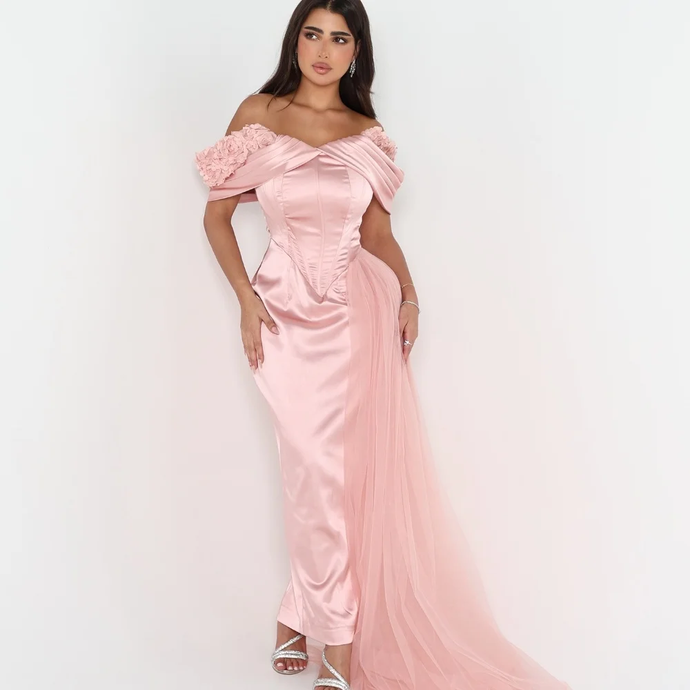 

Customized Matching Intricate Flower Pleat Ruched Straight Off-the-shoulder Midi Dresses Bespoke Occasion Dresses Modern Style