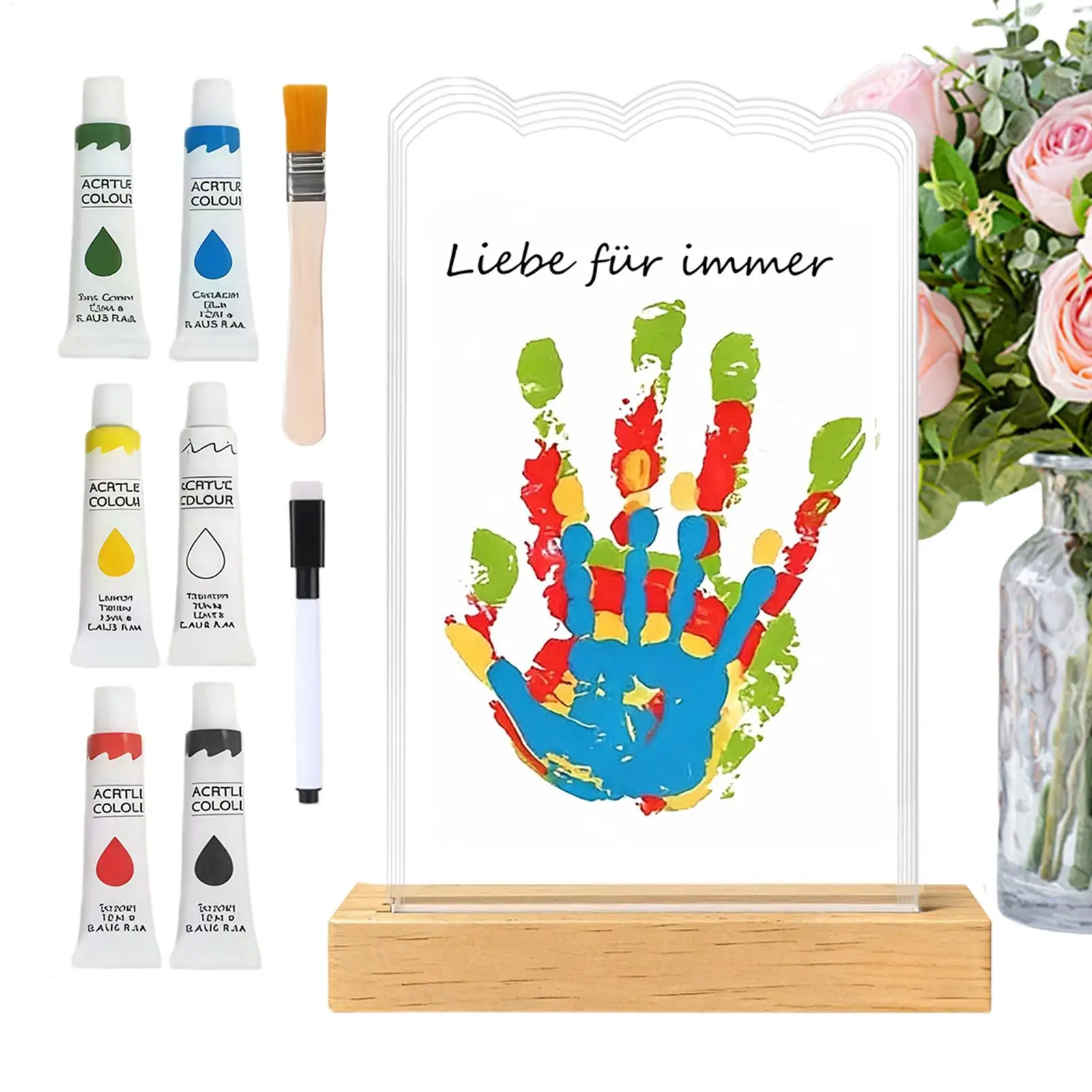 Handprint Family Keepsake Transparent Acrylic Footprint Art Souvenir With Wood Base Handprint Keepsake Frame For Dad Boy Girl