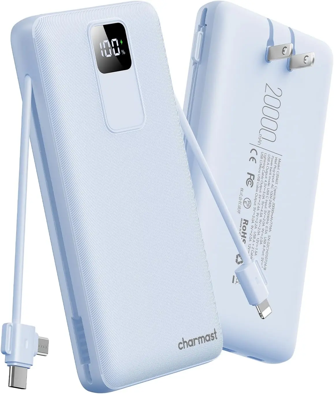 

Портативное зарядное устройство 20000 мАч со встроенными кабелями и сетевой вилкой, внешний аккумулятор 20 Вт с быстрой зарядкой USB-C для iPhone, Samsung, iPad, для путешествий