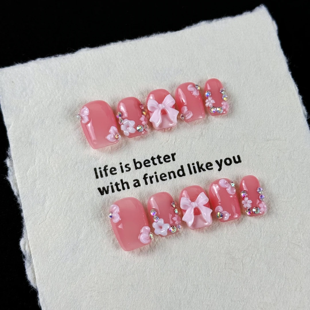 10pcs High-end Cute Princess Style, hand-painted patterns, three-dimensional bow, shiny sparkly diamonds handmade fake nails