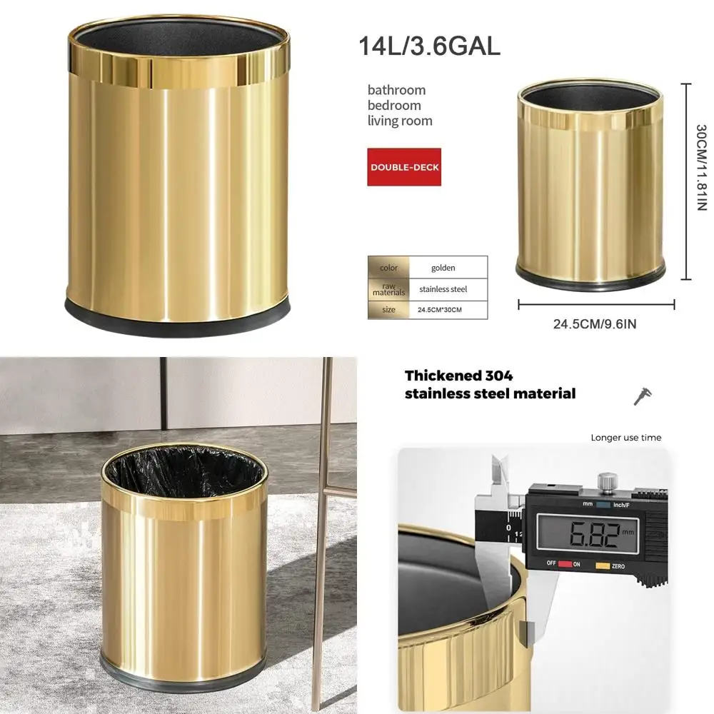 

Gold Brushed Brass Small Wastebasket for Bathroom, Office, Hotel, and Restaurant Use