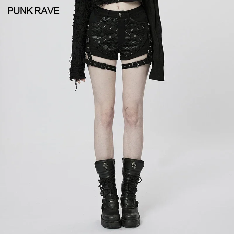 

PUNK RAVE Women's Punk Decayed Mesh Black Tight Shorts Adjustable Leg Loop Detachable Handsome Cool Skinny Short Pants Women