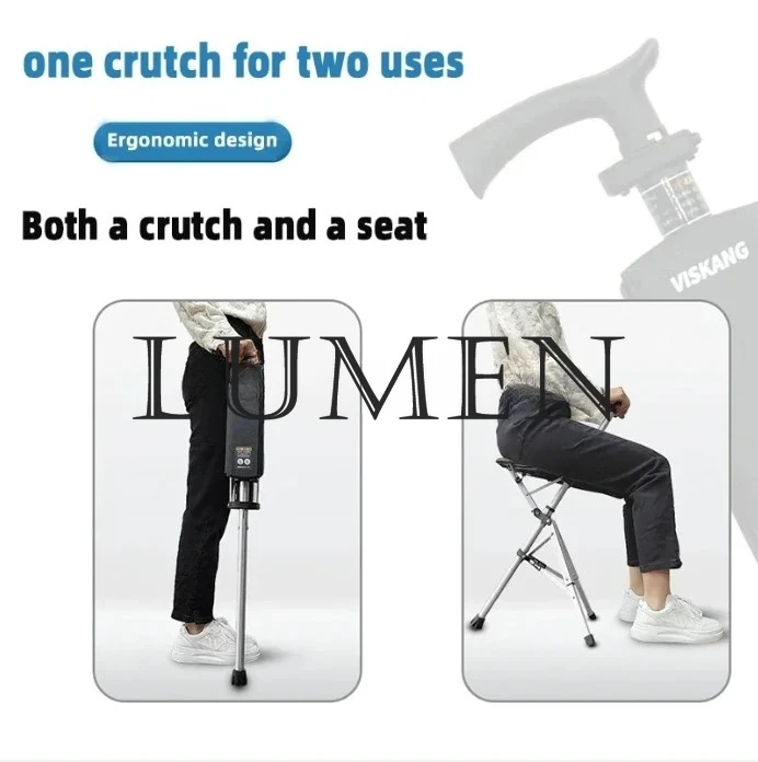 Foldable Walking Cane Chair, Aluminum Alloy Adjustable Crutch with Stool for Seniors Daily Use