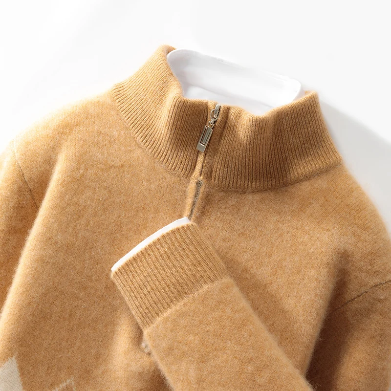 Autumn And Winter New Half-High-Neck Zipper Color Matching Pullover Pure Wool Sweater Casual Men's Knitted Cashmere Top