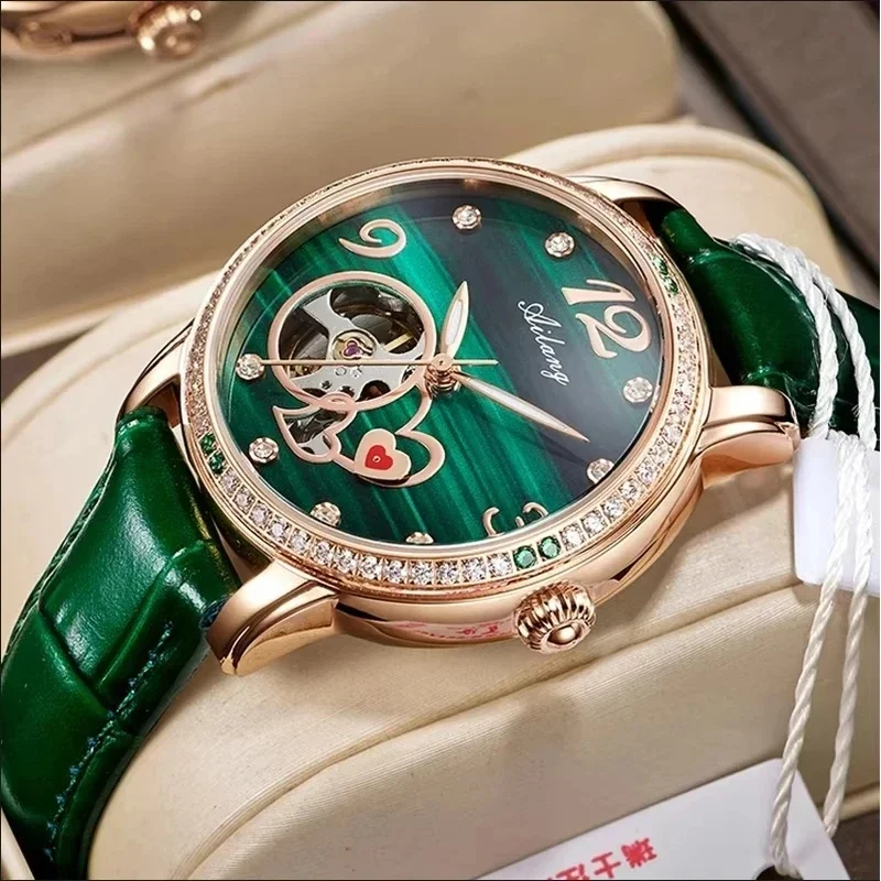 AILANG-8806 Women Automatic Mechanical Watch Emerald Green Dial Diamond Bezel Hollow Heart Green Leather Strap 3ATM Waterproof