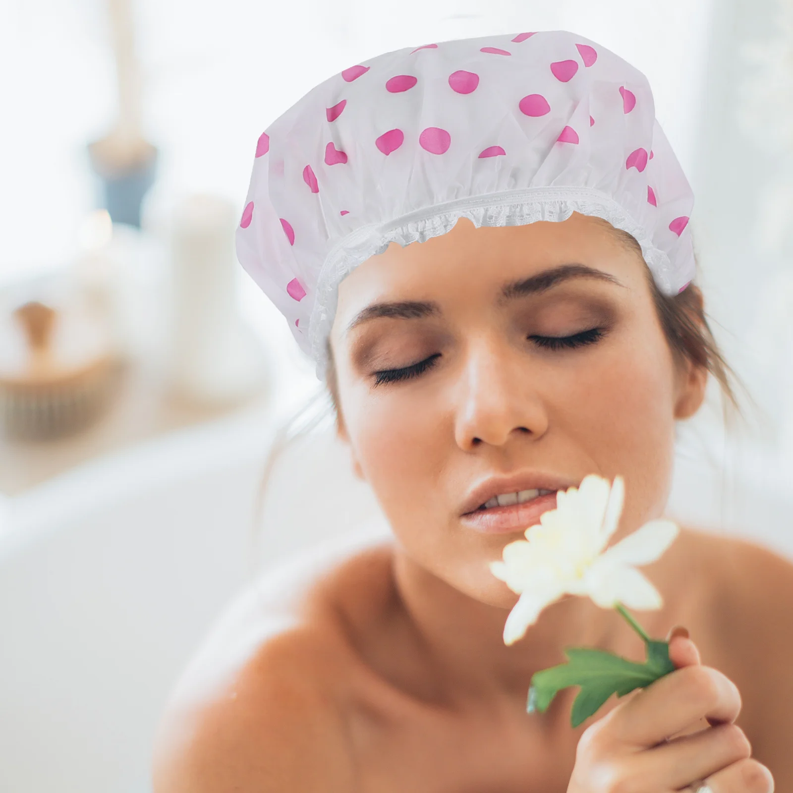 

8Pcs Reusable Waterproof Dots Printing Shower Caps for Women Hair Protection and Night Use Dots Printing Shower Caps