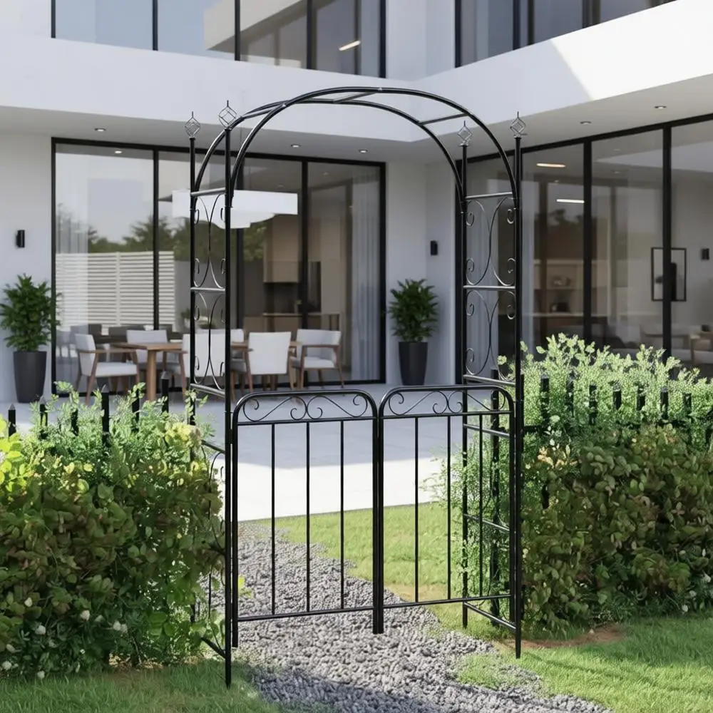

Arch with Gate Black Powder-Coated Steel Extra Tall,Garden Arches,Trellises, Arbours&Pergolas-319352