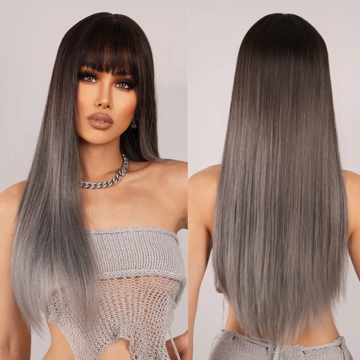 Ash Brown Ombre Straight Synthetic Wigs With Bangs for Women Afro Cosplay Grey Long Hair Wig Natural Daily Heat Resistant Fibre