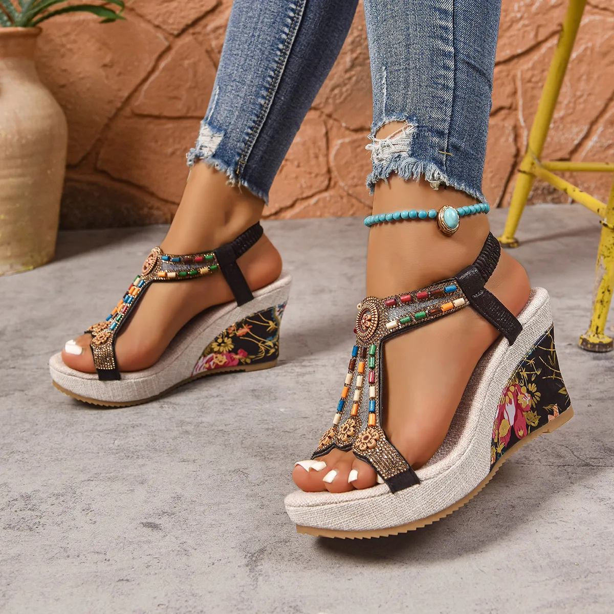 

Summer New Bohemian Wedge Heel Peep-toe Sandals, Fashionable Plus-size Women's Slip-on Sandals Dubai Luxury Islam Elegant