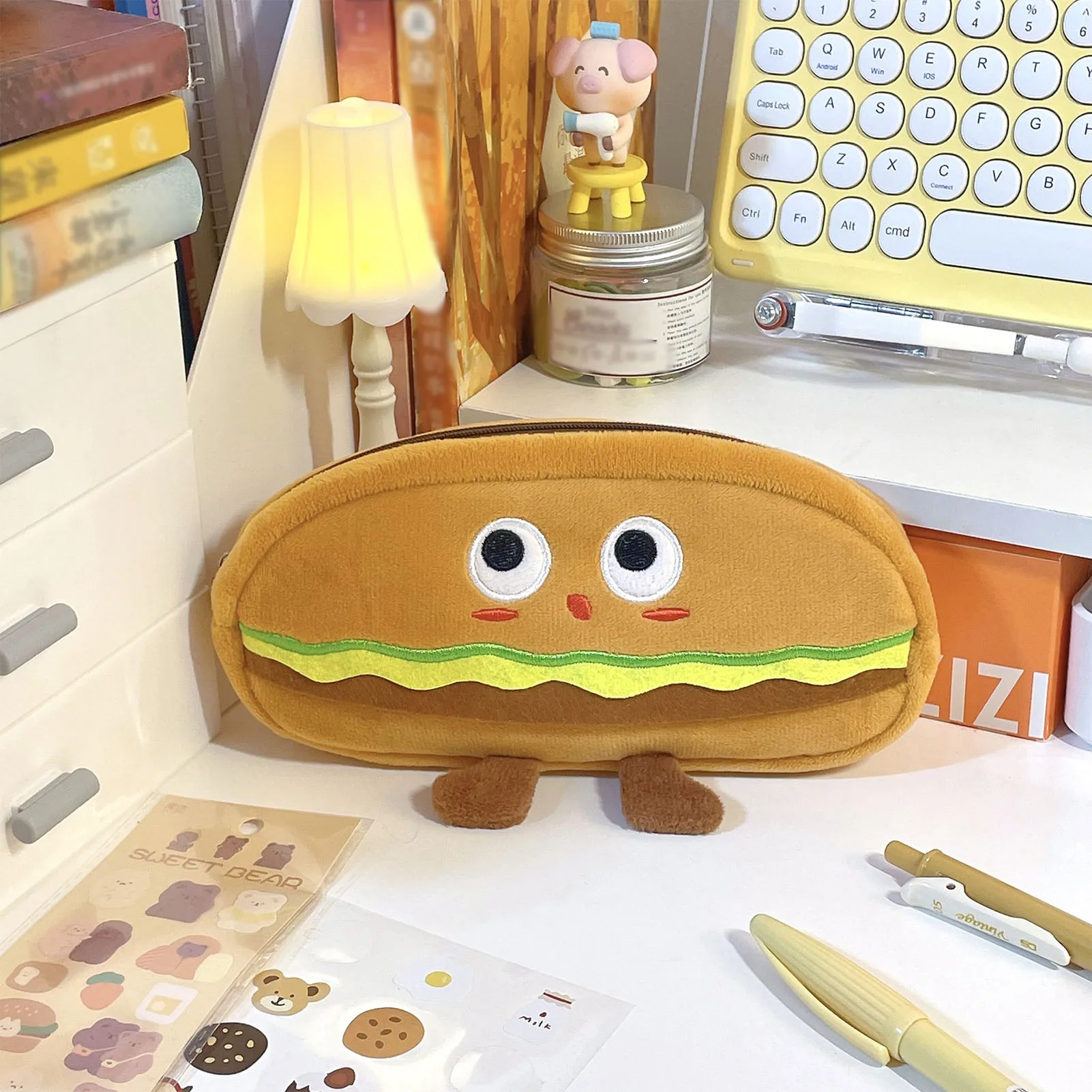 Burger/Toast Shape Pencil Box Category Placement Drop-proof Pen Box Pen Holder Makeup Brushes Organizers