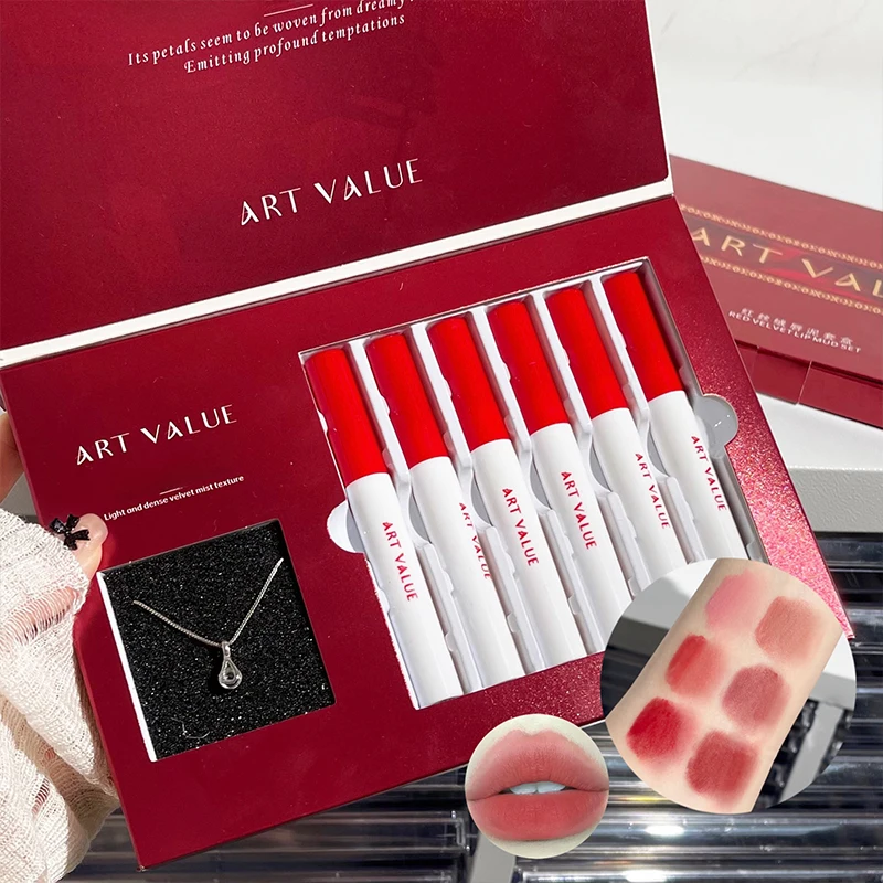 Kit de lápiz labial líquido mate, taza antiadherente, brillo de labios resistente al agua, Cosméticos coreanos de larga duración para mujeres, conjuntos de cajas de lápiz labial rojo Sexy