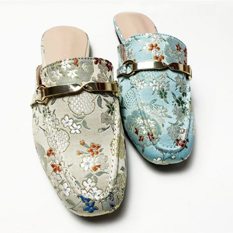 Lady Floral Flat Slipper Square Toe Mule Beige Blue Gold Chain Metal Summer Outdoor Slides 34-43 26cm Silk Stain Hand Made Shoes