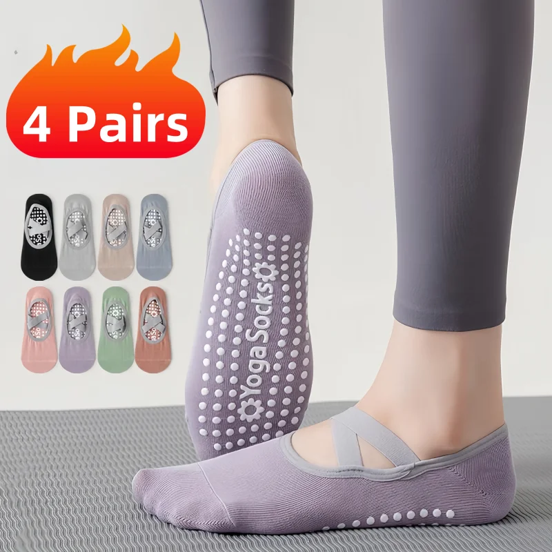 

4Pairs Women Yoga Sock Professional Silicone Anti-Slip Ballet Pilates Short Sock Backless Breathable Bandage Dance Sports Socks