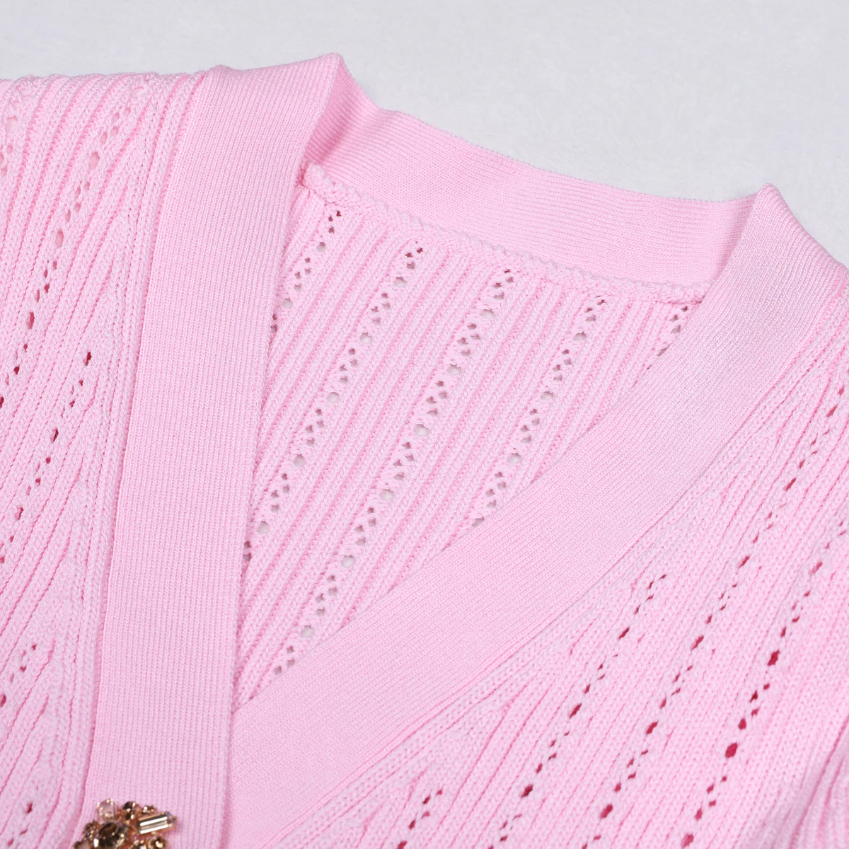 High Quality Fashionable Solid Color Knitted Hollow V-neck Diamond Button Lotus Leaf Long Sleeved Fish Tail Slim Fit Women Dress