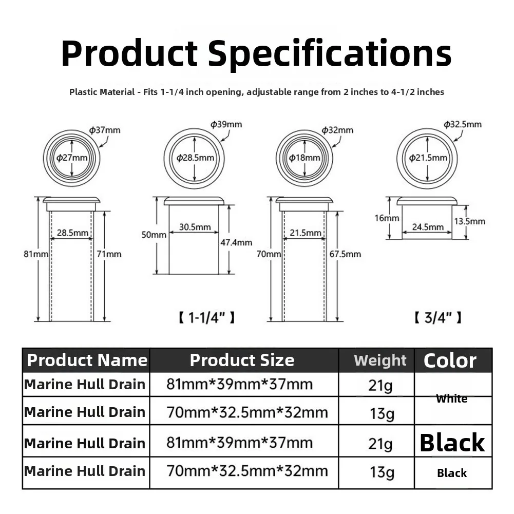 Marine Drain Pipe for Boat Baitwell and Motorwell Drainage Systems Compatible with 1-1/4 in and 3/4 in Openings