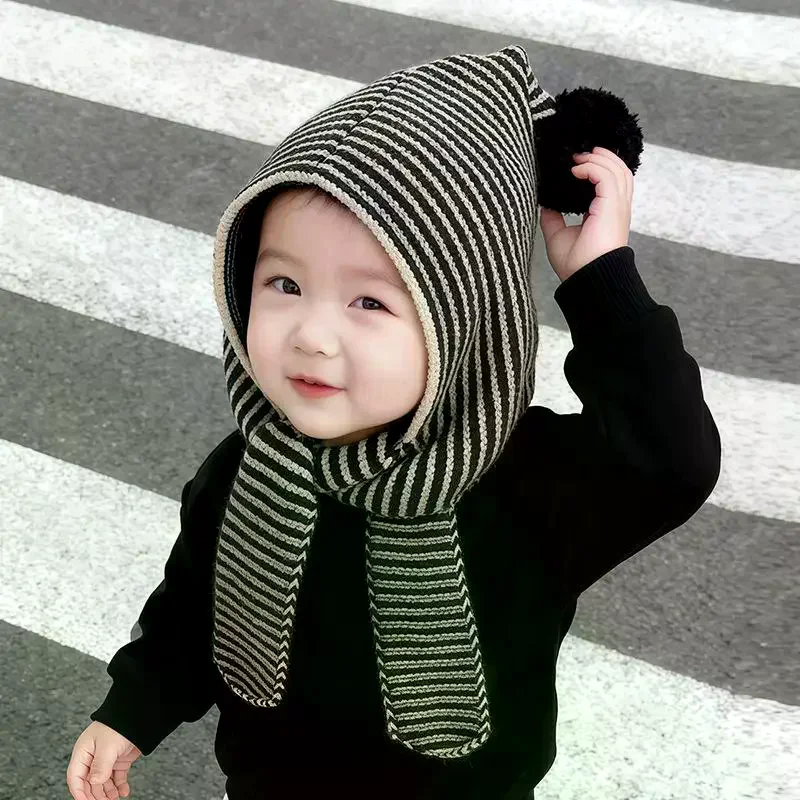 Kids Autumn-Winter Warm Thick Knit Hat Scarf Set Versatile Wool Knitted Ear Protector Cap Skullies For Boys And Girls