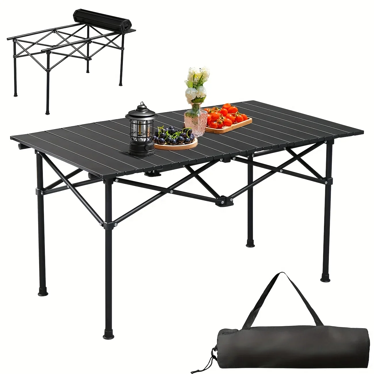 Folding Lightweight, Black Camping Table, 4-6 Person Portable Rolling Aluminum Table with Outdoor