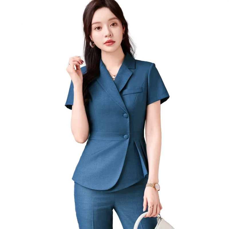 

Summer High Quality Fabric Short Sleeve Professional Women Business Suit with Pants and Jackets Coat Pantsuits Blazers Skirt Set