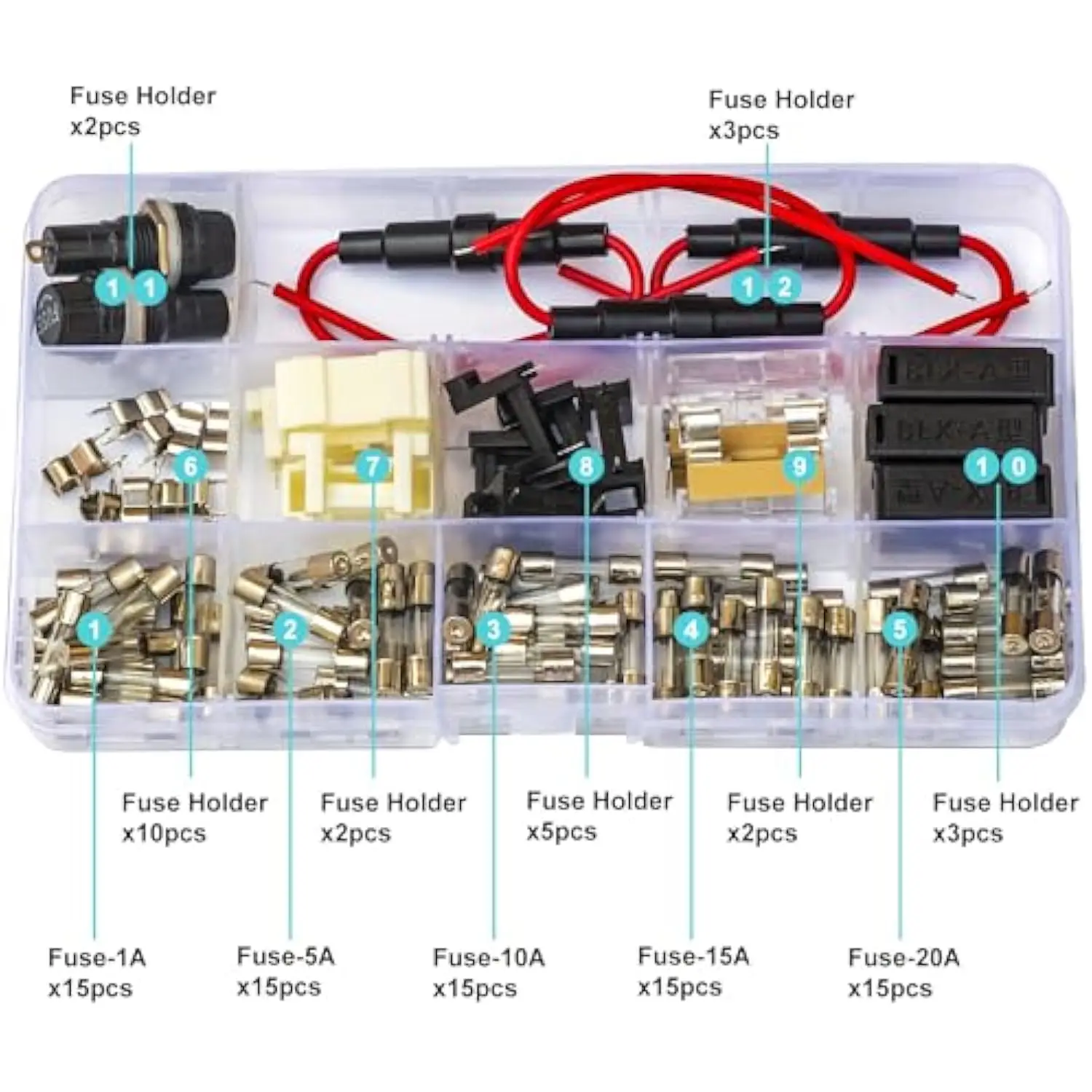 Fuses & Fuse Holders 5X20mm 250V Kit, 1A/5A/10A/15A/20A F1AL250V F5AL250V F10AL250V F15AL250V F20AL250V Quick Blow Glass