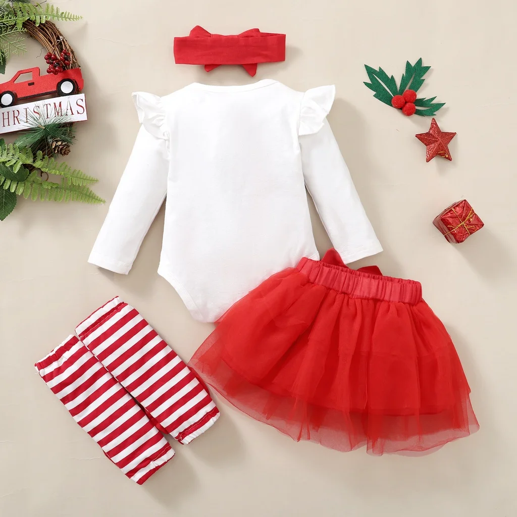 Christmas 4PCS Baby Girl Clothing Set Long Sleeves Bodysuit+Mesh Skirt+Socks+Headband Fashion Festival Outfits for 0-18 Months