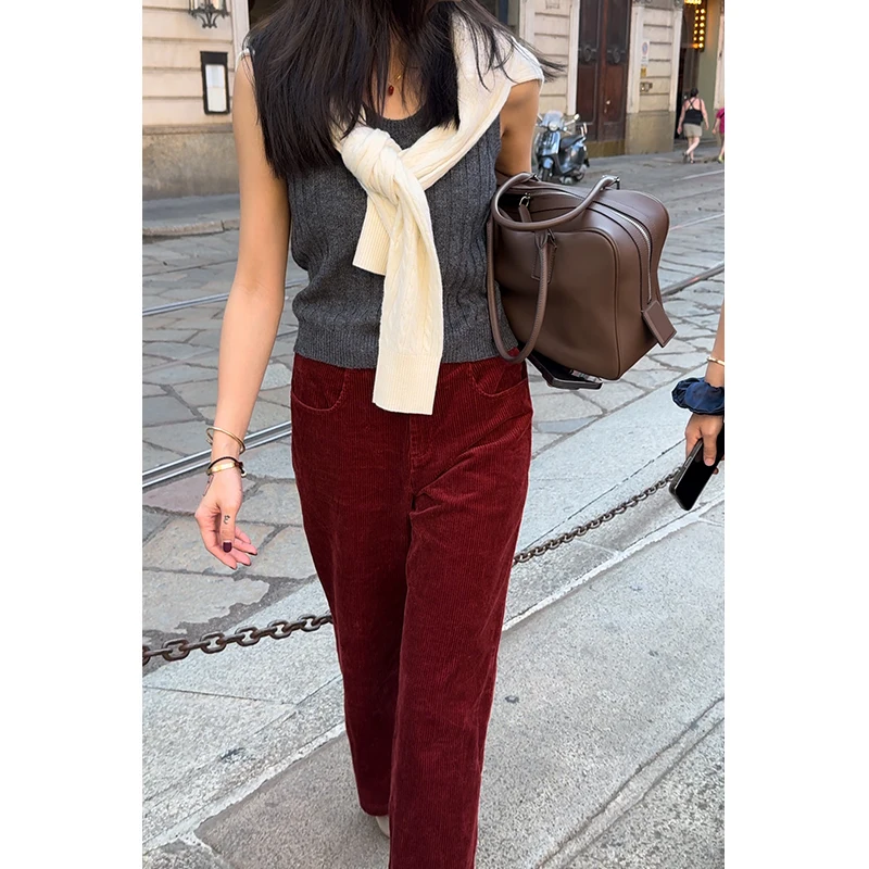 

Tfa6570 Ele Red Velvet Corduroy Straight Leg Trousers for Women Casual Sle l Waist Cotton 00% Spring Collection