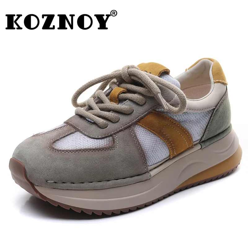 

Koznoy 4cm Air Mesh Genuine Leather Platform Wedge Mixed Color Ladies Chunky Sneaker Fashion Shoes Ethnic Summer Women Mary Jane