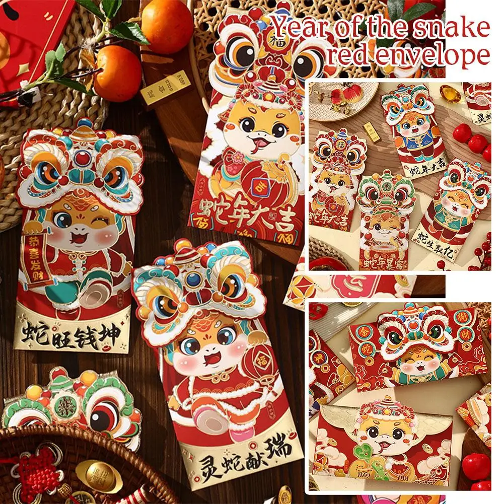 Baru 4 buah 2025 Tahun Baru Cina amplop merah Kartun Tahun pernikahan ular Beruntung Festival Hongbao paket Musim Semi kantong uang O3D9
