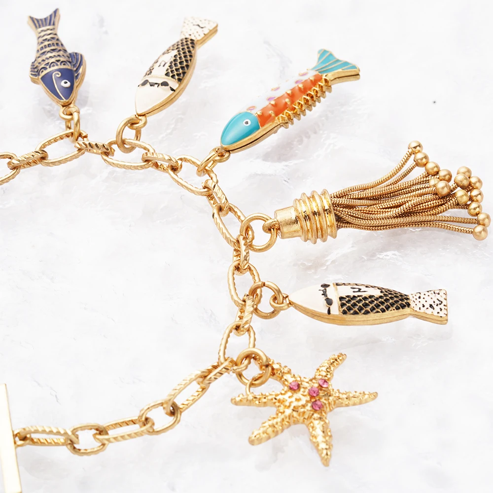 Aesthetic Y2K Fairy Bracelet Bohemia Fishes Charms Toggle Exquisite Circle Marine Chain Bangle Pendant Dangles Wristlet