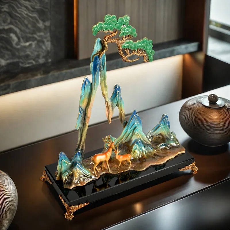 Creative enamel color, Chinese ornaments landscape, rockery pine deer, sculpture living room entrance