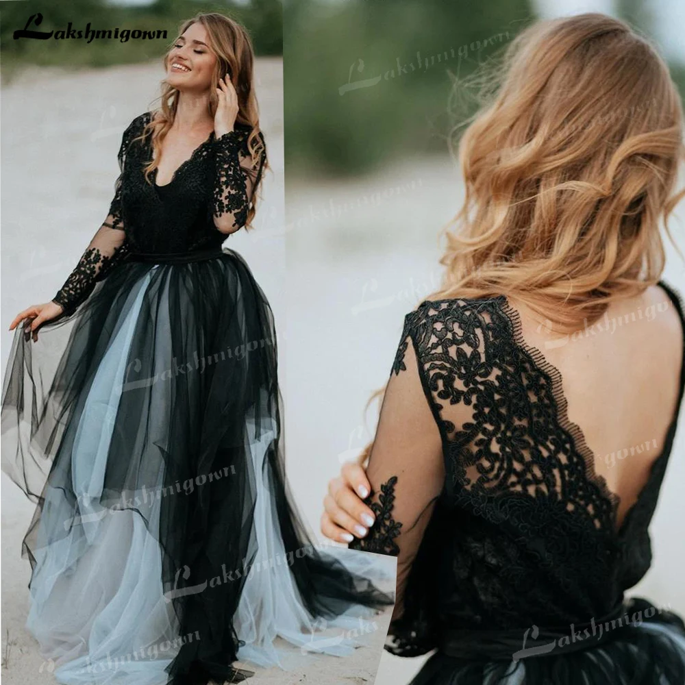 Two Piece Bridal Luxury Tulle Dress Magic Black Wedding Dress 2023 Lace V-neck Boho Bridal Separates long sleeves Wedding Party