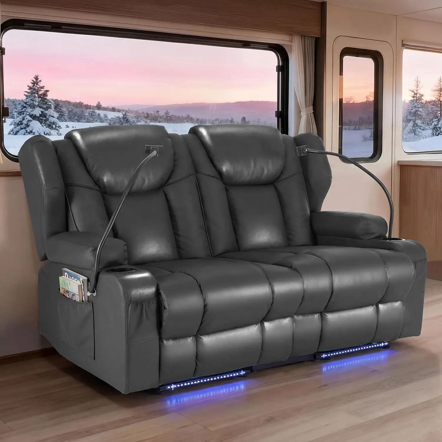 

Redlife Power Loveseat Recliner Sofa, PU Leather Dual Reclining Couch with Vibration ＆ Heating, Blue LED Base, Customized